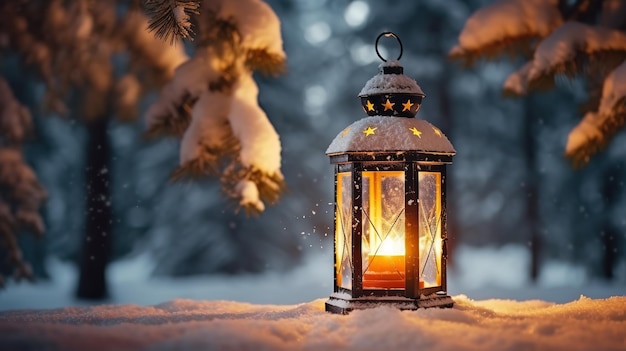 Lanterna de Natal na neve com fundo de floresta de inverno