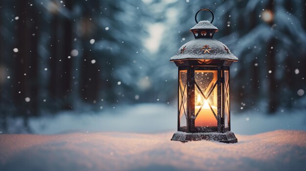 Lanterna de Natal na neve com fundo de floresta de inverno