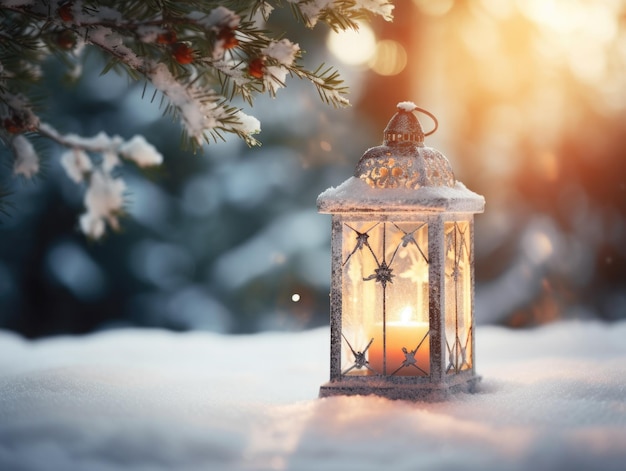 Lanterna de Natal na neve com ramo de abeto ao fundo da decoração de inverno à luz do sol