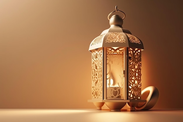 Lanterna de ouro islâmica fica com ornamento de luz de vela ramadan kareem fundo verde gerado AI