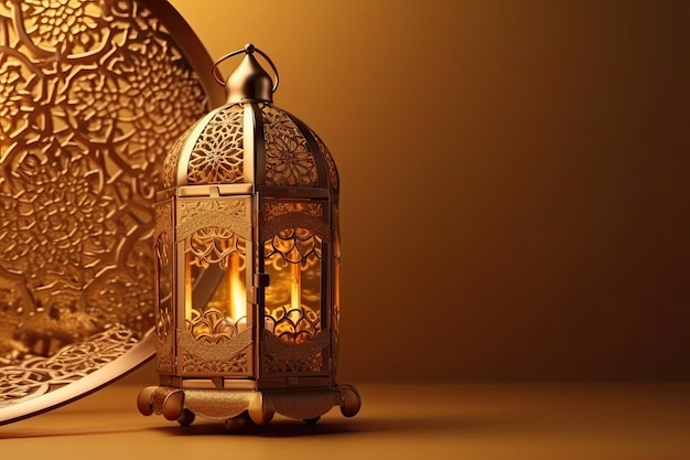 Lanterna de ouro islâmica fica com ornamento de luz de vela ramadan kareem fundo verde gerado AI