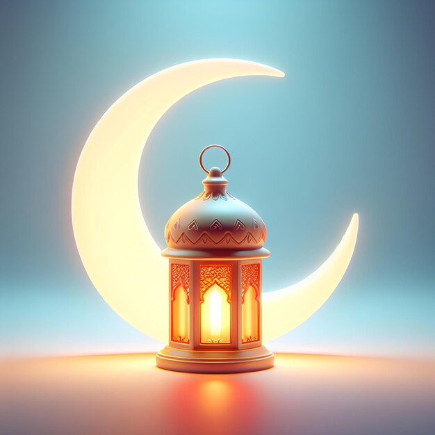 Lanterna de Ramadan 3d e crescente de lua fundo islâmico para celebração de feriado islâmico