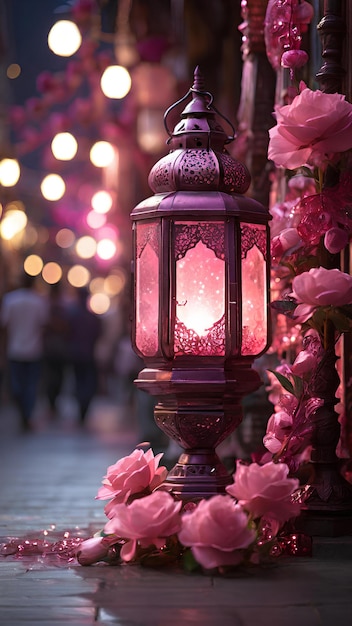 Lanterna de Ramadan e decorações de Ramadan nas ruas iluminadas flores cor-de-rosa brilham luz