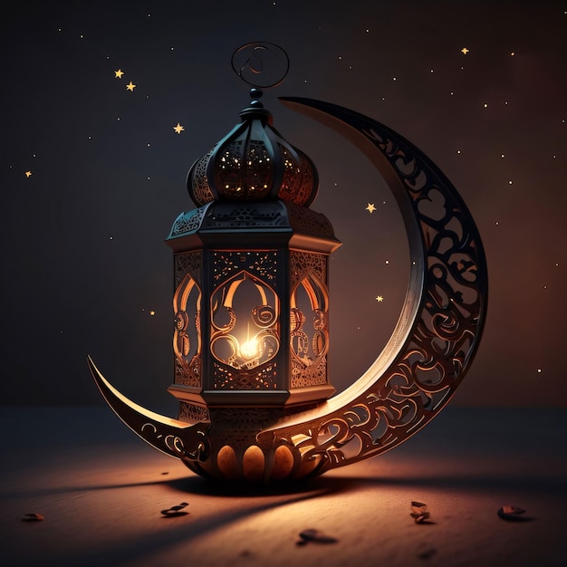 Lanterna decorada com uma lua crescente em um fundo escuro queimando lâmpada Lanterna como um símbolo do Ramadã para os muçulmanos