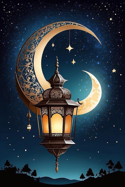 Lanterna do Ramadan com lua crescente no fundo do céu noturno