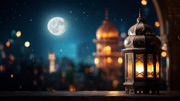 Lanterna do Ramadan com lua da mesquita e céu noturno estrelado para celebração islâmica
