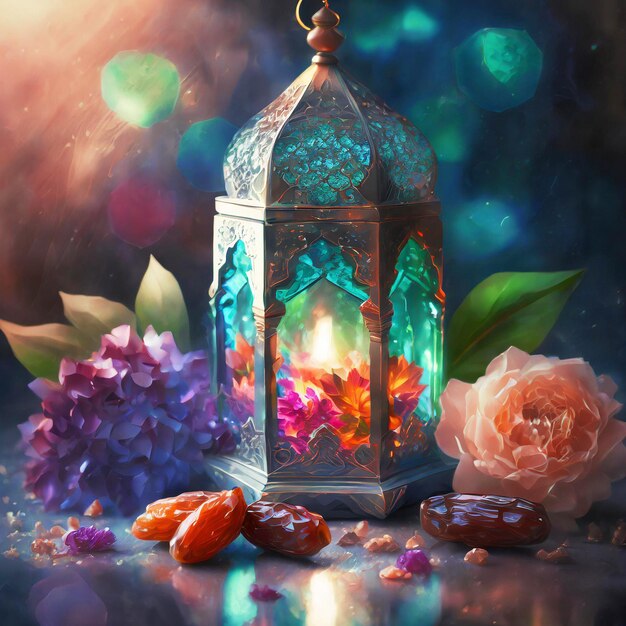 Foto lanterna do ramadan dentro de um cristal de vidro com flores coloridas e tâmaras