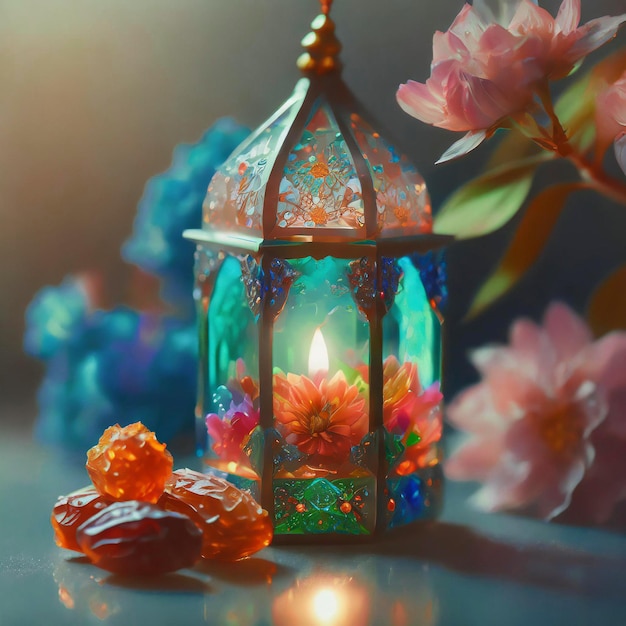 Foto lanterna do ramadan dentro de um cristal de vidro com flores coloridas e tâmaras