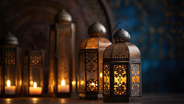 Lanterna do Ramadão Ornamento islâmico Bokeh desfocado Fundo
