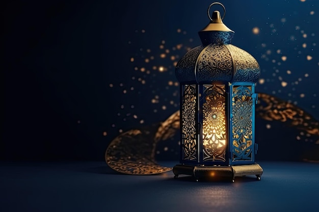 Lanterna dourada islâmica fica à luz de velas e ornamento árabe fundo ramadan kareem gerado AI