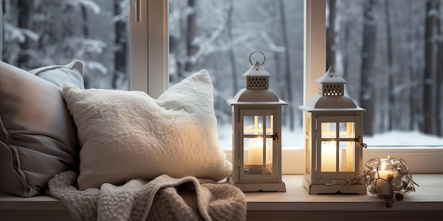 Lanterna e almofadas no peitoril da janela com vista para o inverno