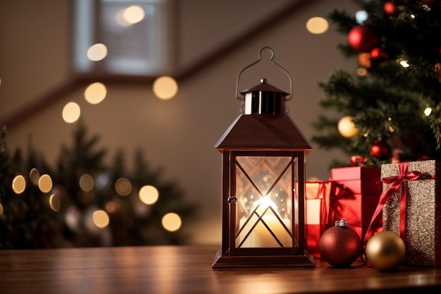 Lanterna e Natal com guirlandas Árvore brilhante na mesa Com caixas de presentes e decoração