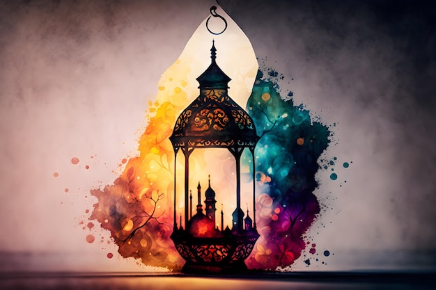 lanterna em aquarela com vela acesa brilhando à noite. Mês sagrado muçulmano Ramadan Kareem