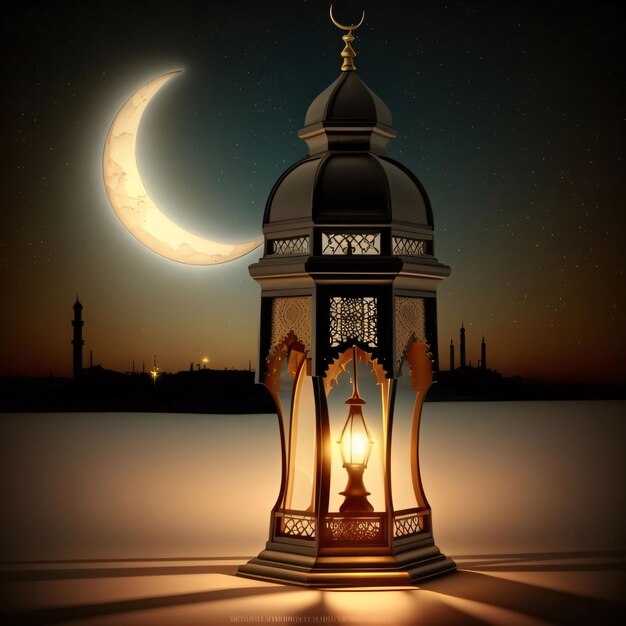 Lanterna em chamas no fundo do edifício da mesquita e a Lua crescente no céu Lanterna como um símbolo do Ramadan para os muçulmanos