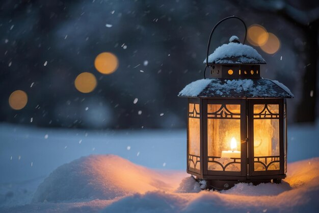 Lanterna iluminada em cena nevada