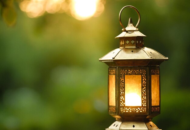 Lanterna islâmica com fundo de luz noturna para a festa muçulmana do mês sagrado do Ramadan Kareem