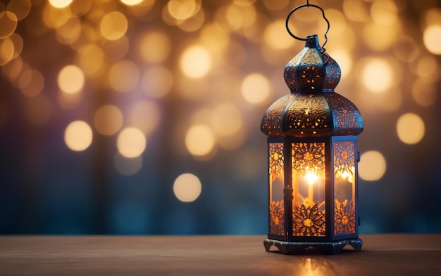 lanterna islâmica com luzes bokeh no fundo para adha e fitr eid