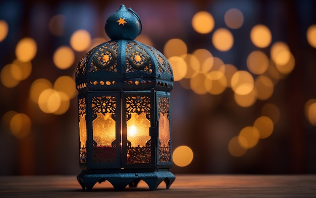 lanterna islâmica com luzes bokeh no fundo para adha e fitr eid