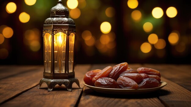 Lanterna islâmica com vela ardente e datas fundo desfocado com luzes bokeh