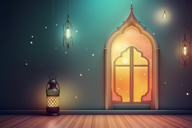 Lanterna islâmica de ilustração fica com fundo de ramadan kareem à luz de vela gerado ai