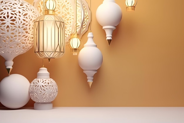 Lanterna islâmica ornamento de luxo branco e dourado ramadan kareem celebração Fundo AI gerado