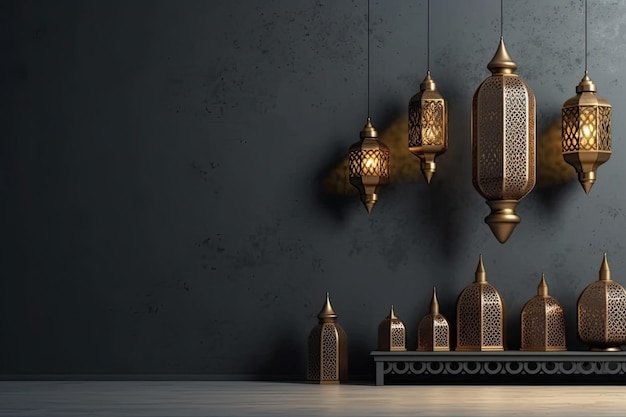 Lanterna islâmica ornamento de luxo dourado e cinza celebração do ramadan kareem fundo AI gerado