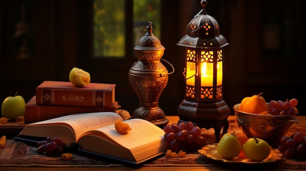 Lanterna islâmica vintage de Ramadan e corão sagrado com frutas em um fundo de madeira