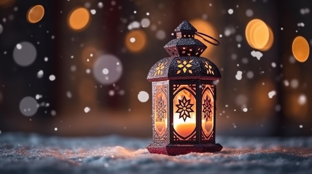 Lanterna mágica de Natal brilhando em uma noite de inverno com neve