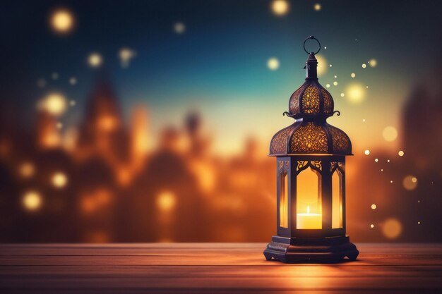 Lanterna ornamental árabe ou islâmica sobre fundo de bokeh de desfoque de luz