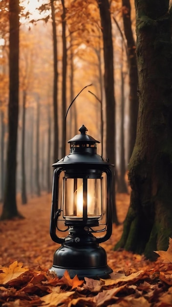 Lanterna preta minimalista com vela ardente no fundo de folhas de outono na floresta