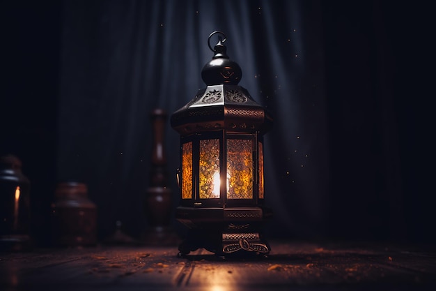 Lanterna radiante do Ramadã em uma sala escura com uma imagem escura e embaçada por trás dela generativa ai