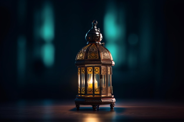 Lanterna radiante do Ramadã em uma sala escura com uma imagem escura e embaçada por trás dela generativa ai