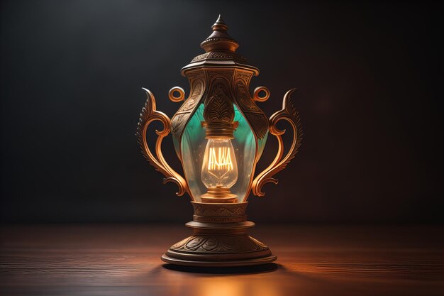 Lanterna sobre uma mesa de madeira e um fundo escuro ai generativo