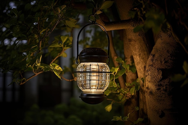 Lanterna solar quente pendurada na árvore iluminando a passarela do jardim