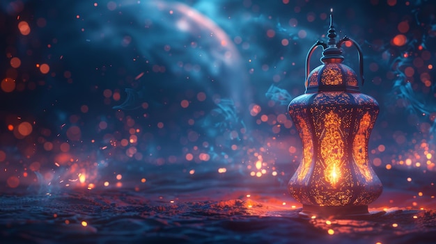 Lanterna tradicional do Ramadã em estilo de tecnologia futurista contra fundo azul escuro lâmpada árabe com vela ardente no interior Conceito de Feliz Eid Mubarak Ramadã Kareem Ilustração moderna