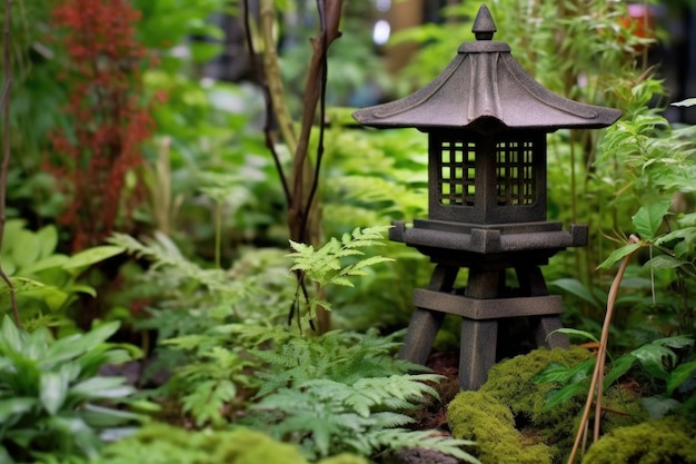 Lanterna tradicional japonesa entre a folhagem do jardim zen criada com ai generativo