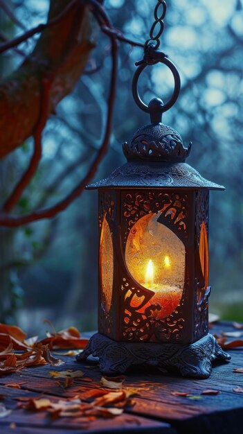 Lanterna vintage com vela ardente em mesa de madeira na floresta de outono