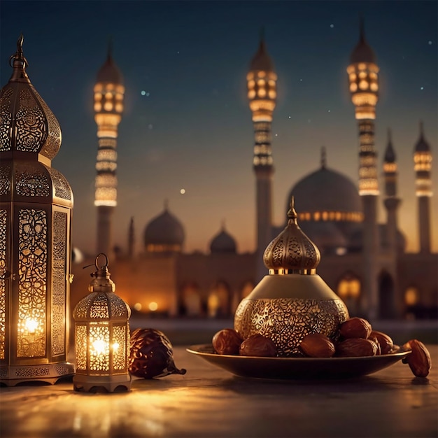 Lanternas árabes e datas com fundo de mesquita bookeh creative ai