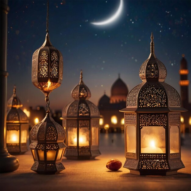Lanternas árabes e datas com fundo de mesquita bookeh creative ai