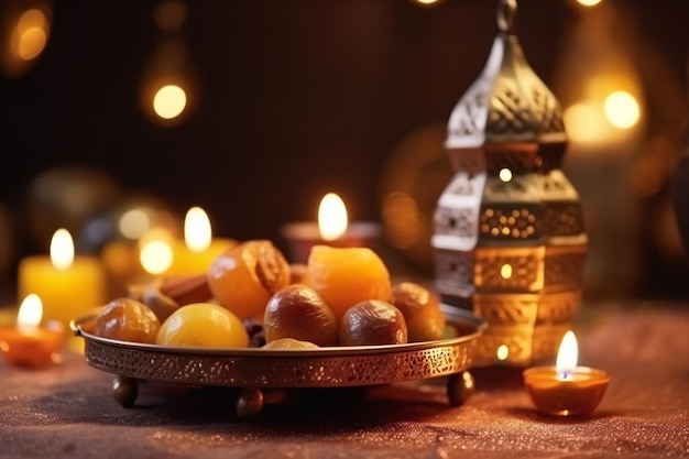 Lanternas árabes ornamentais com velas acesas BrilhantesLuzes douradas de bokeh Prato com tâmaras
