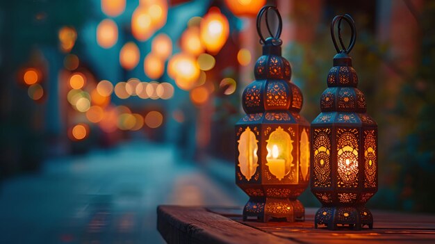 Lanternas árabes velas em mesa de madeira noite rua pano de fundo Ramadan