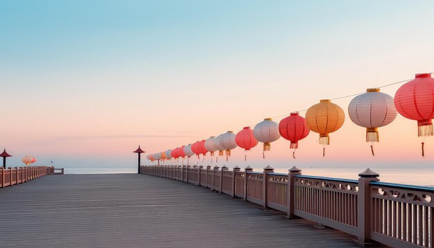 Lanternas asiáticas perto da água Conceito de Ano Novo Chinês