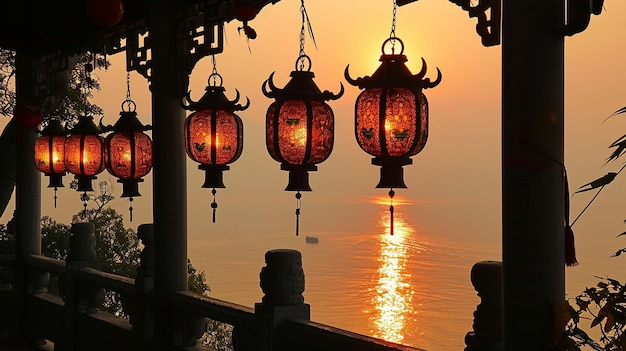Lanternas atraentes sinos da noite junto ao mar gerados por ai