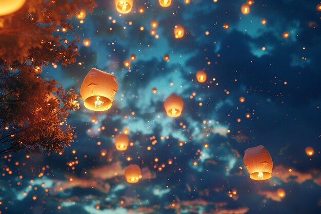 Foto lanternas brilhantes enchendo o céu durante uma festa