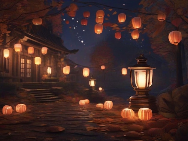 Lanternas brilhantes iluminam um fundo de outono