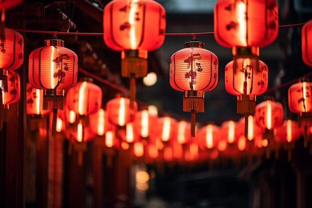 Lanternas celebrando o ano novo chinês são iluminadas contra um fundo de luz vermelha bokeh