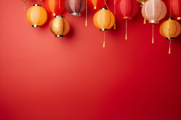 Lanternas chinesas em fundo vermelho Feliz Ano Novo Chinês Copiar espaço