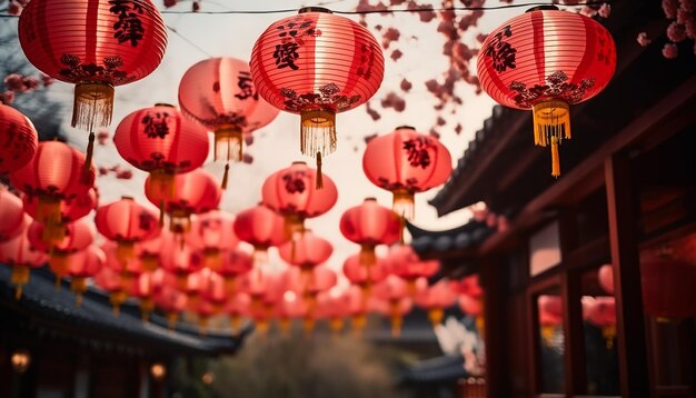 Foto lanternas chinesas iluminam a noite simbolizando a prosperidade e a tradição geradas pela ia