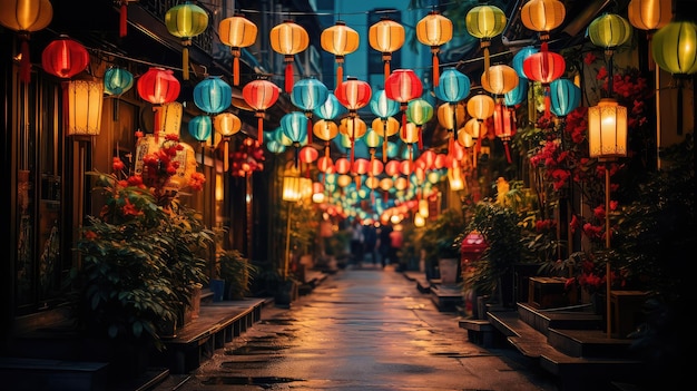 Lanternas coloridas iluminando uma tradicional rua festiva Uma vibrante exibição de cultura