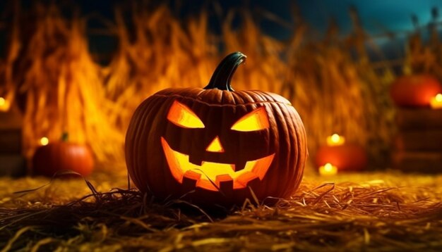 Lanternas de abóbora brilhantes na noite assustadora de Halloween iluminam a escuridão gerada pela inteligência artificial